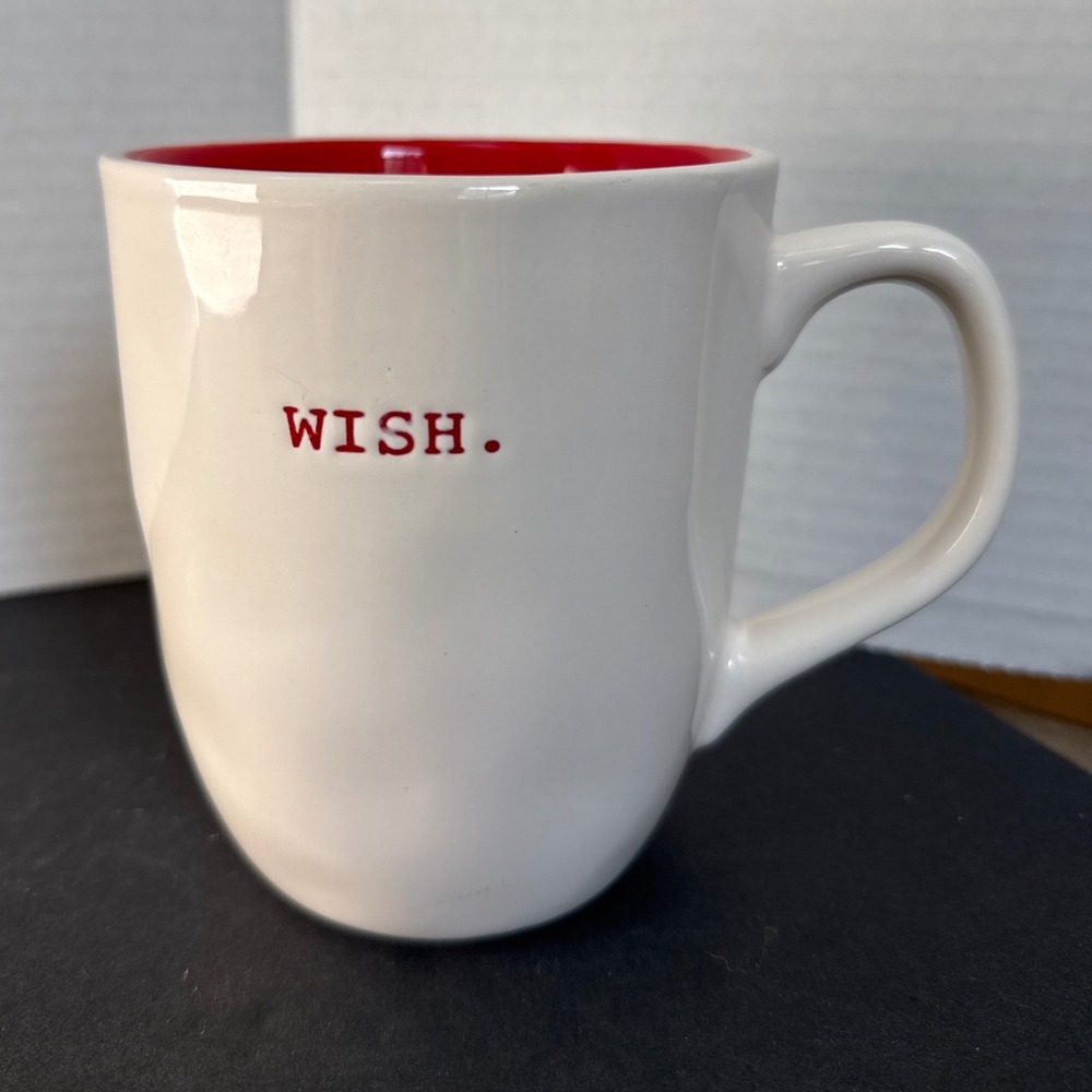 Rae Dunn WISH Coffee Mug Red Interior Artisan Collection White Ceramic Cup